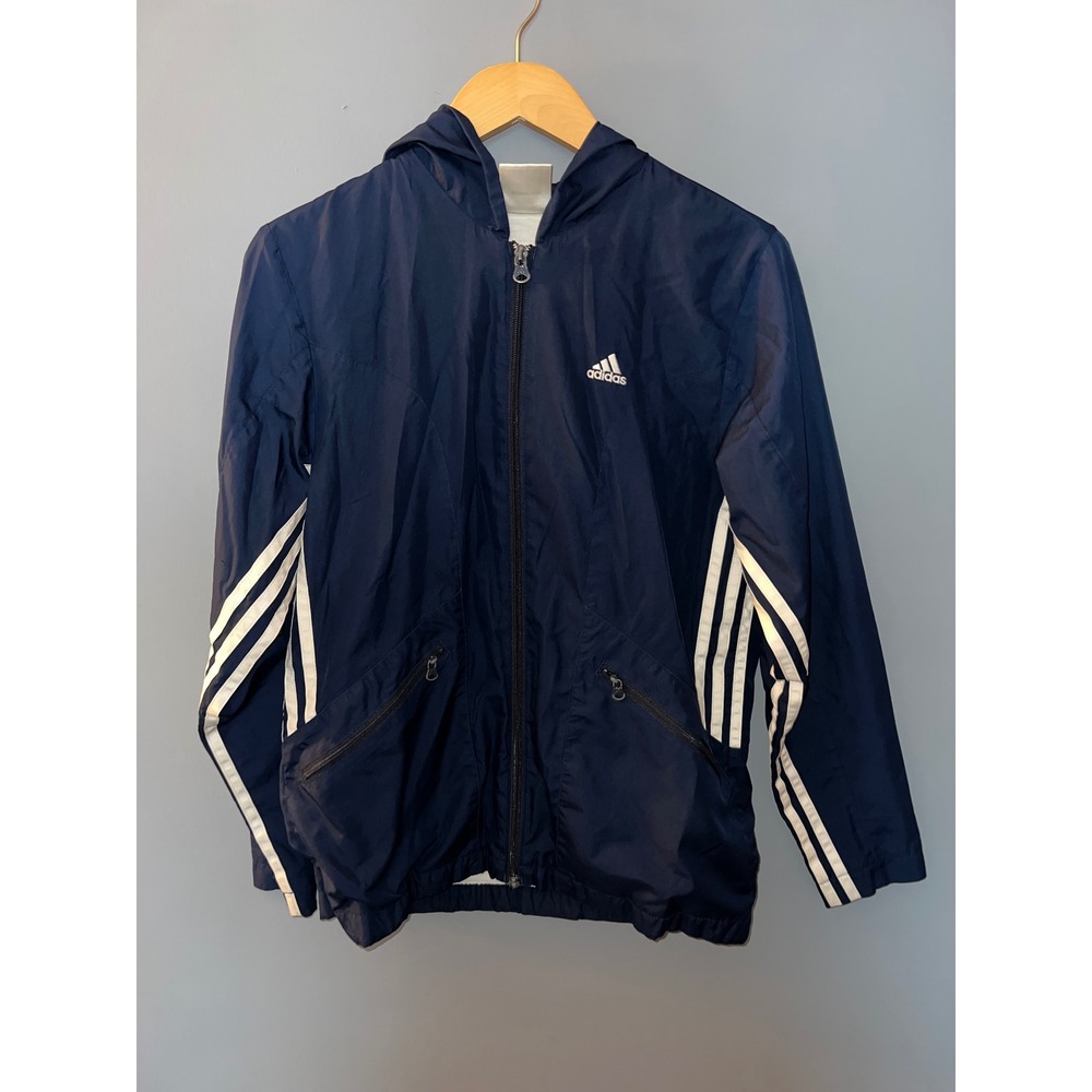Adidas Navy Blue Windbreaker Hooded Track Jacket 3 Stripe Full Zip Mens Small